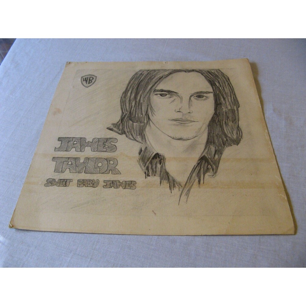 Vintage Hand Pencil Drawn James Taylor Sweet Baby James 14.5" x 14.5" Portrait